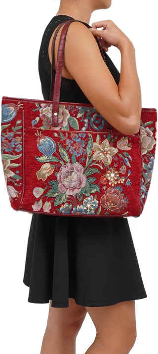 Midnight Garden Red Beaded Tote Bag
