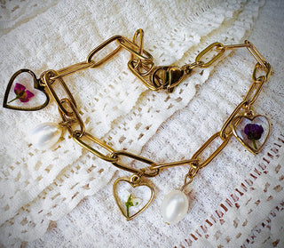 Pressed Posy and Freshwater Pearl Charm Bracelet