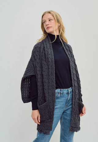 Irish Lass Aran Sweater Wrap with Pocket