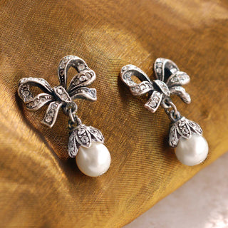 Vintage Crystal Bow Pearl Earrings