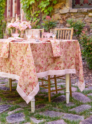 Peony Blossom and Birdsong Linen Tablecloth