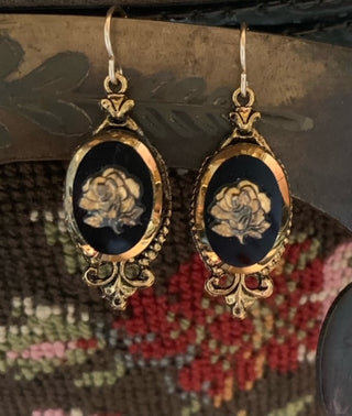 Antique Black Glass Cabochon Rose Earrings