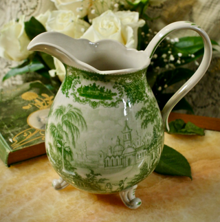 Fancy Footed Green Transferware Pitcher